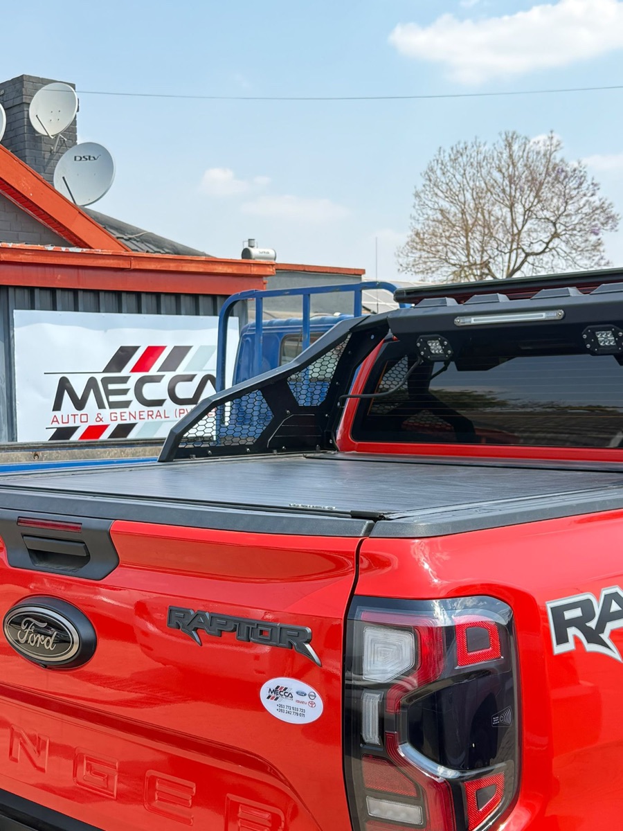 Ford Ranger Raptor fitted with a roll bar, load-bed cover and LED light bar at Mecca Auto & General