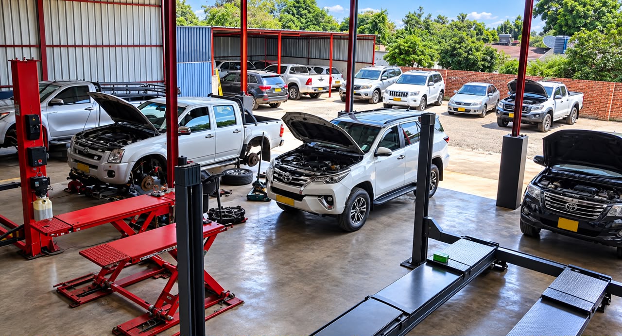 Mecca Auto & General workshop with Toyota vehicles in the service bays and lifts in the foreground